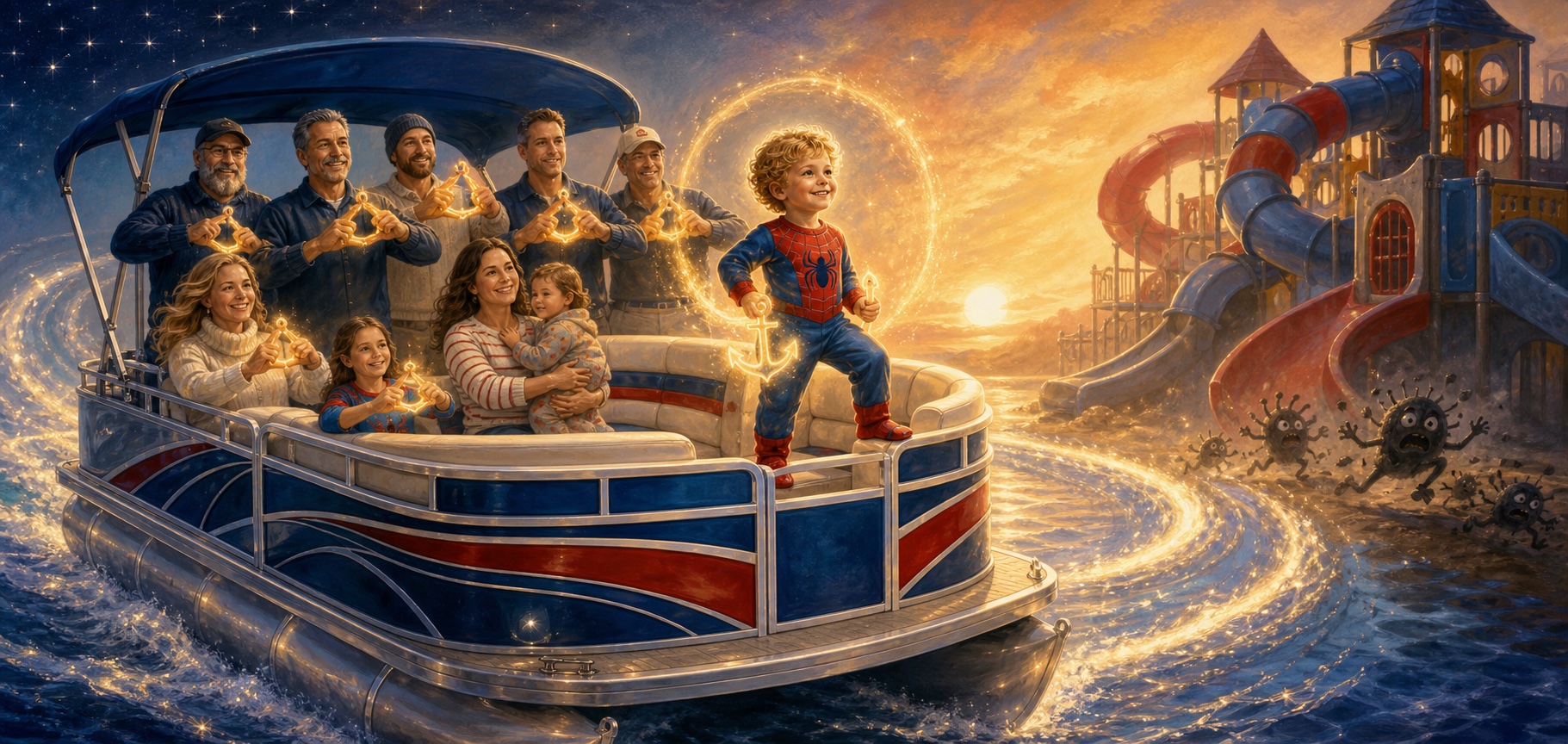 The golden-curled smallest mariner aboard the time-crossing pontoon as his family and club make anchor signs